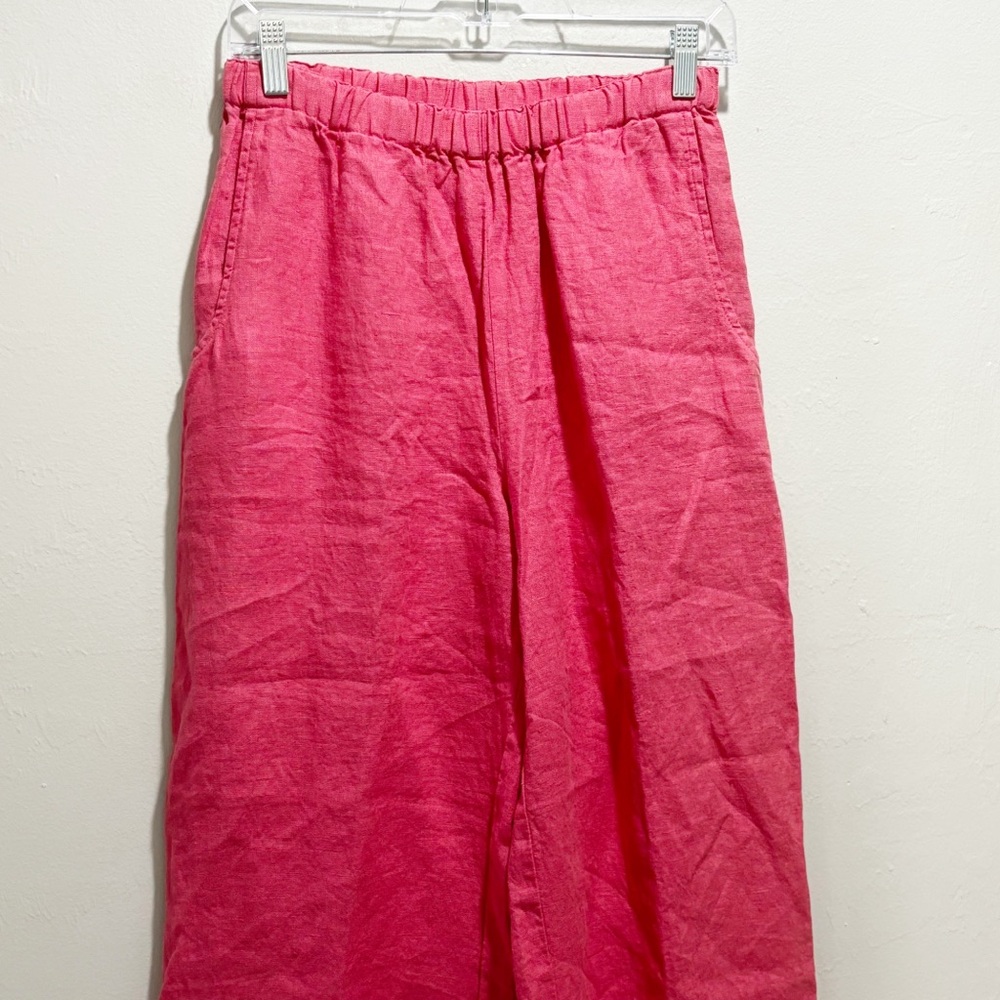 FLAX Women’s Red Linen Wide Leg High Waist Crop Pull On Pants Lagenlook Size P - Picture 3 of 5